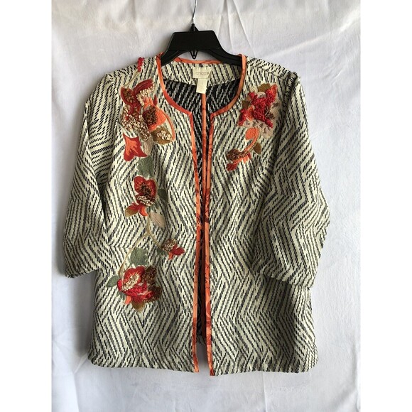 Chico's Embellished Suit Coat, Black & White with Orange Trim, Floral, Size US 8 - Picture 1 of 9